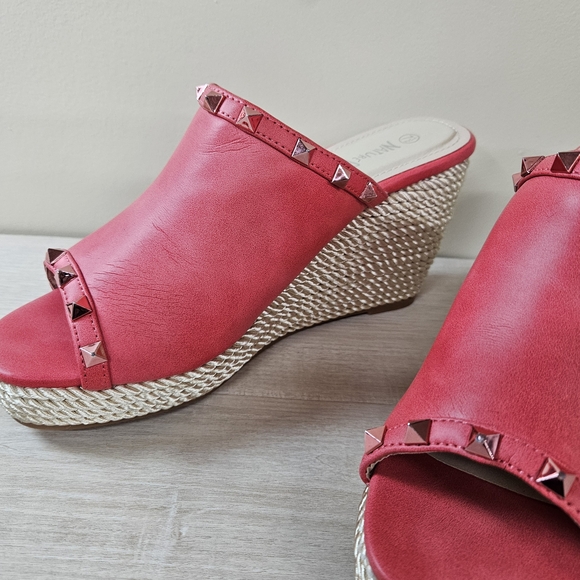 NATURE BREEZE - Melon Red Studded Espadrille Platform Wedges - Picture 4 of 9
